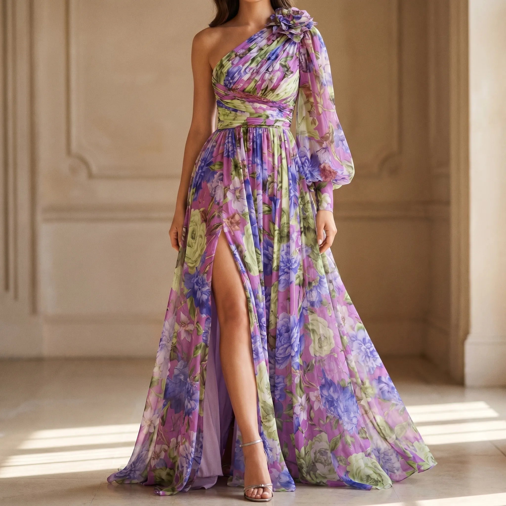 Maxi Dress - For Women - One-Shoulder Design - High Leg Slit - Floral Pattern - Asymmetrical Style