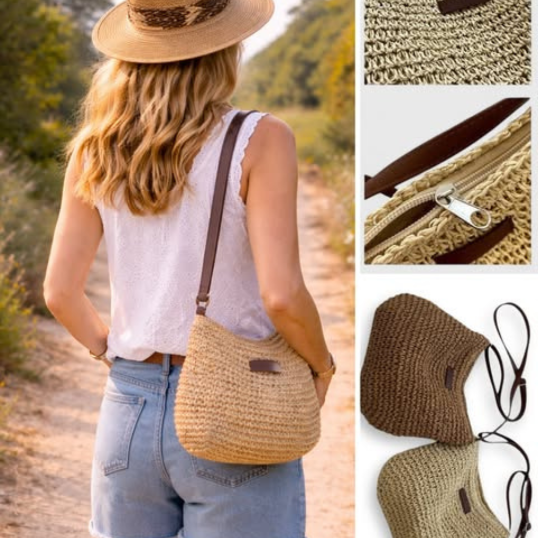 Clementine™ | Crochet Raffia Hobo Bag Leather Strap