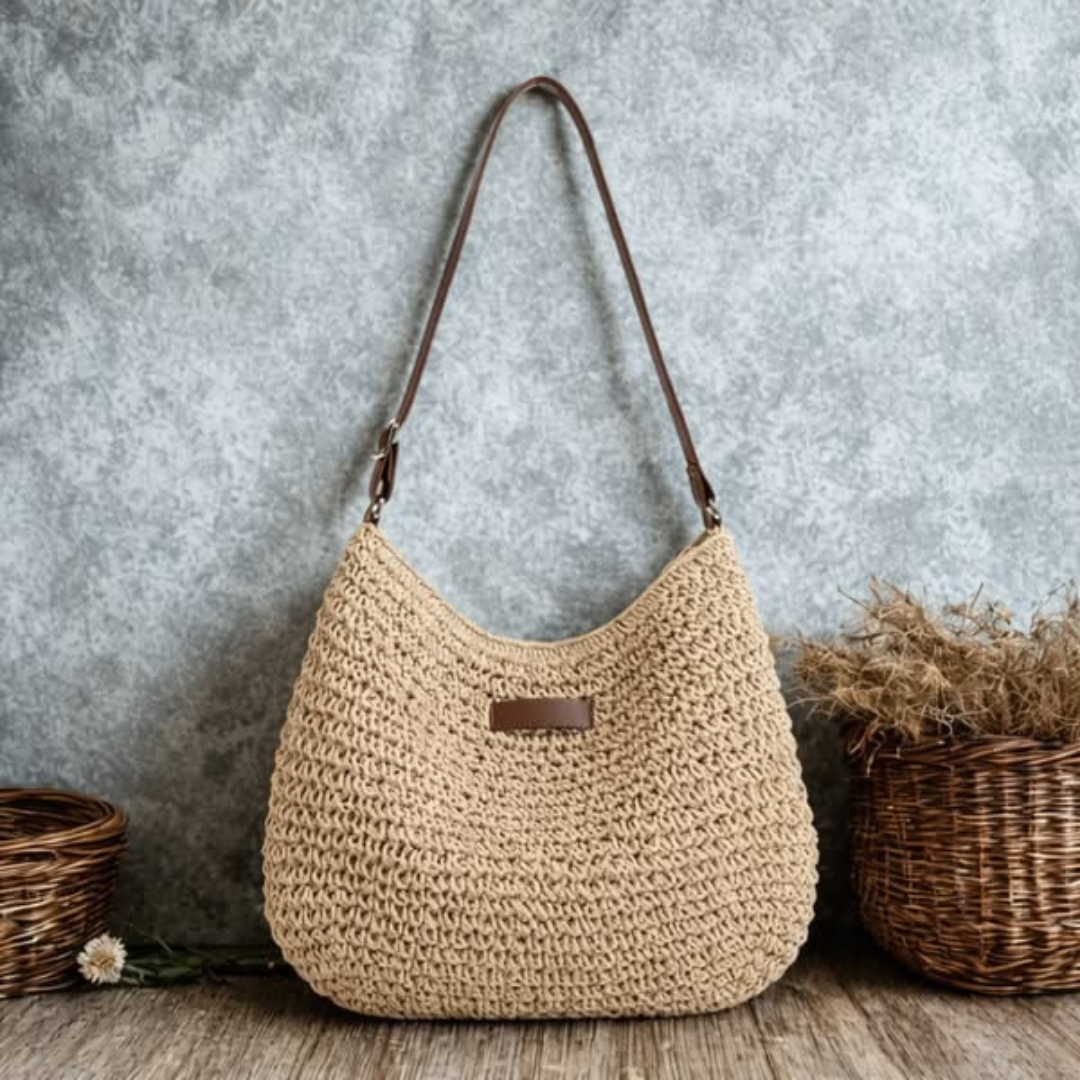 Clementine™ | Crochet Raffia Hobo Bag Leather Strap