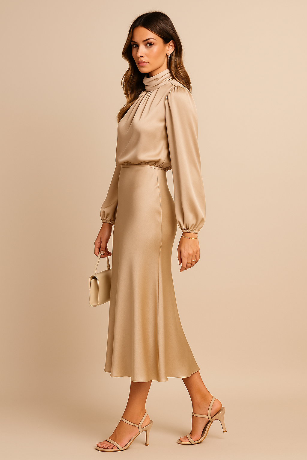 Liliane™ | Women’s Midi Dress Satin High Neck