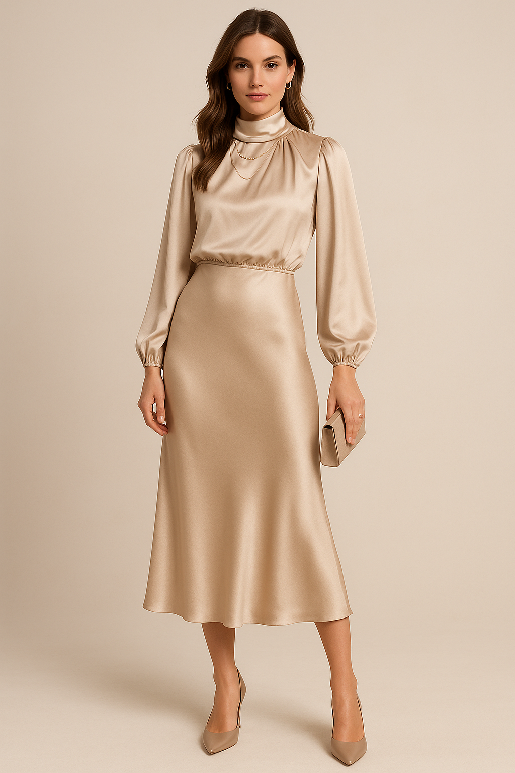 Liliane™ | Women’s Midi Dress Satin High Neck