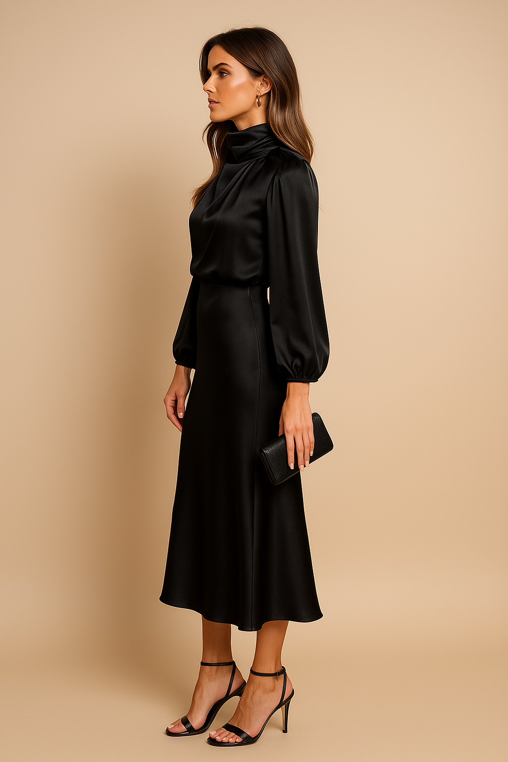 Liliane™ | Women’s Midi Dress Satin High Neck