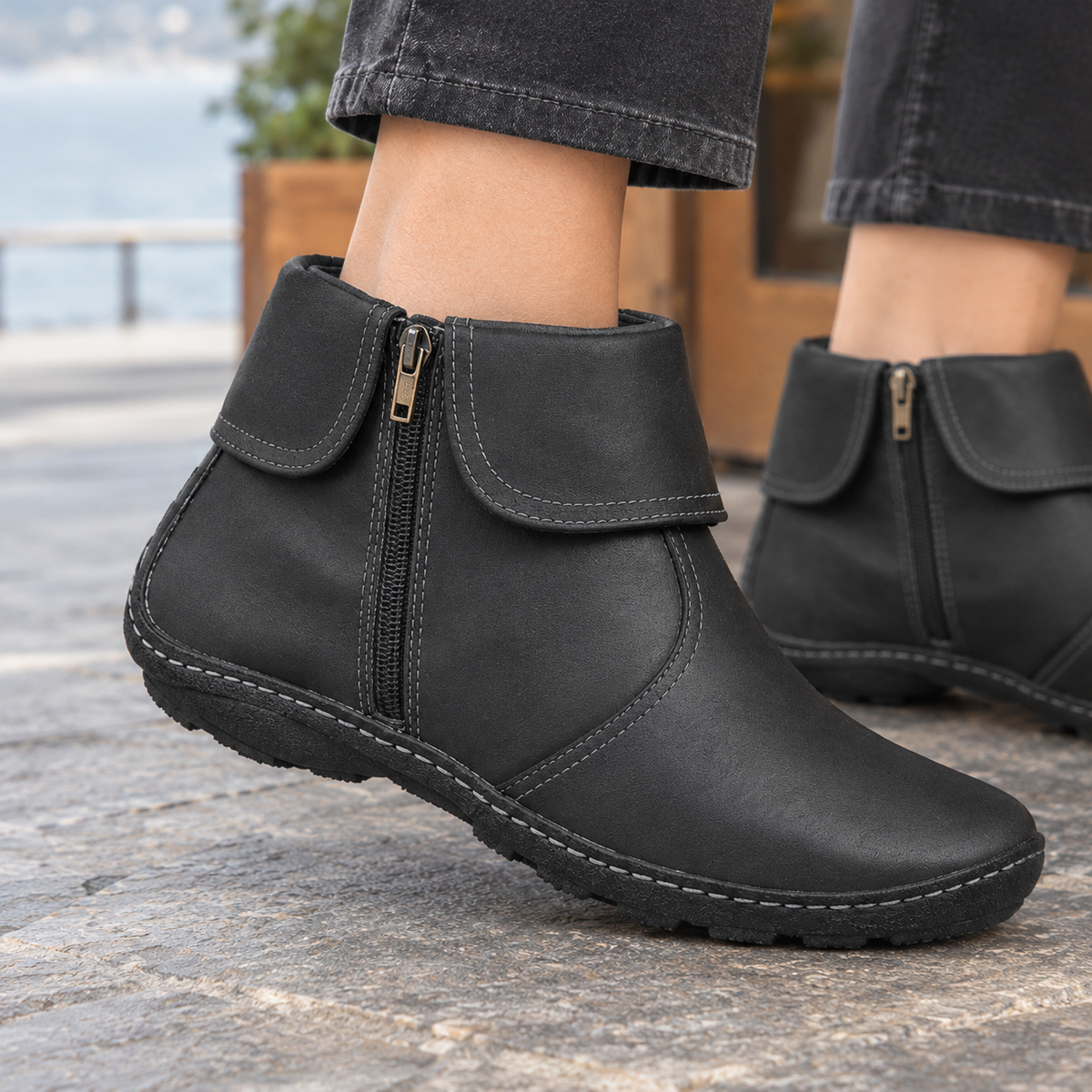 Henrietta™ | Women's Faux Leather Ankle Boots Fold Over Collar