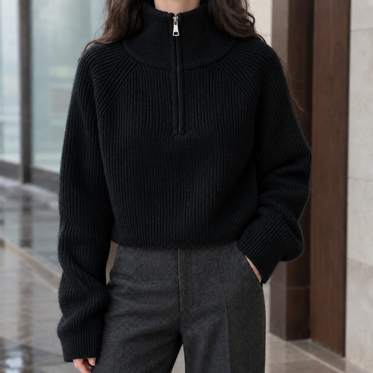 Rosamund™ | Women's Wool Half Zip Sweater Ribbed Knit