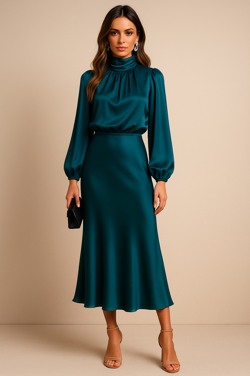 Liliane™ | Women’s Midi Dress Satin High Neck