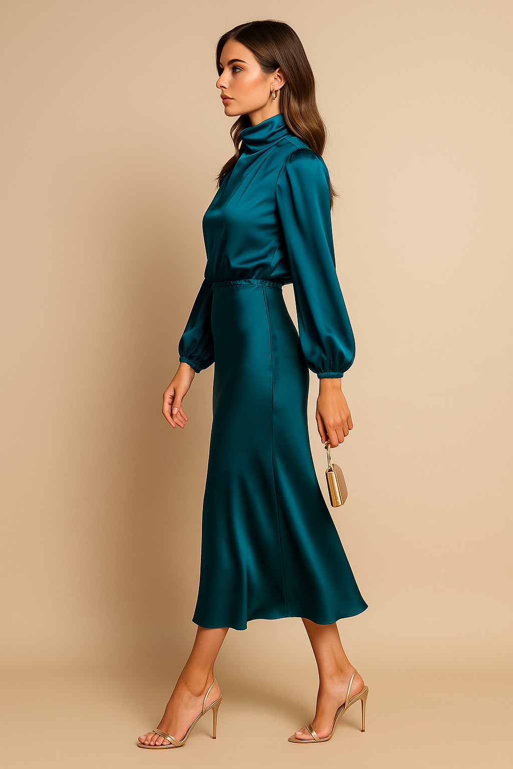 Liliane™ | Women’s Midi Dress Satin High Neck