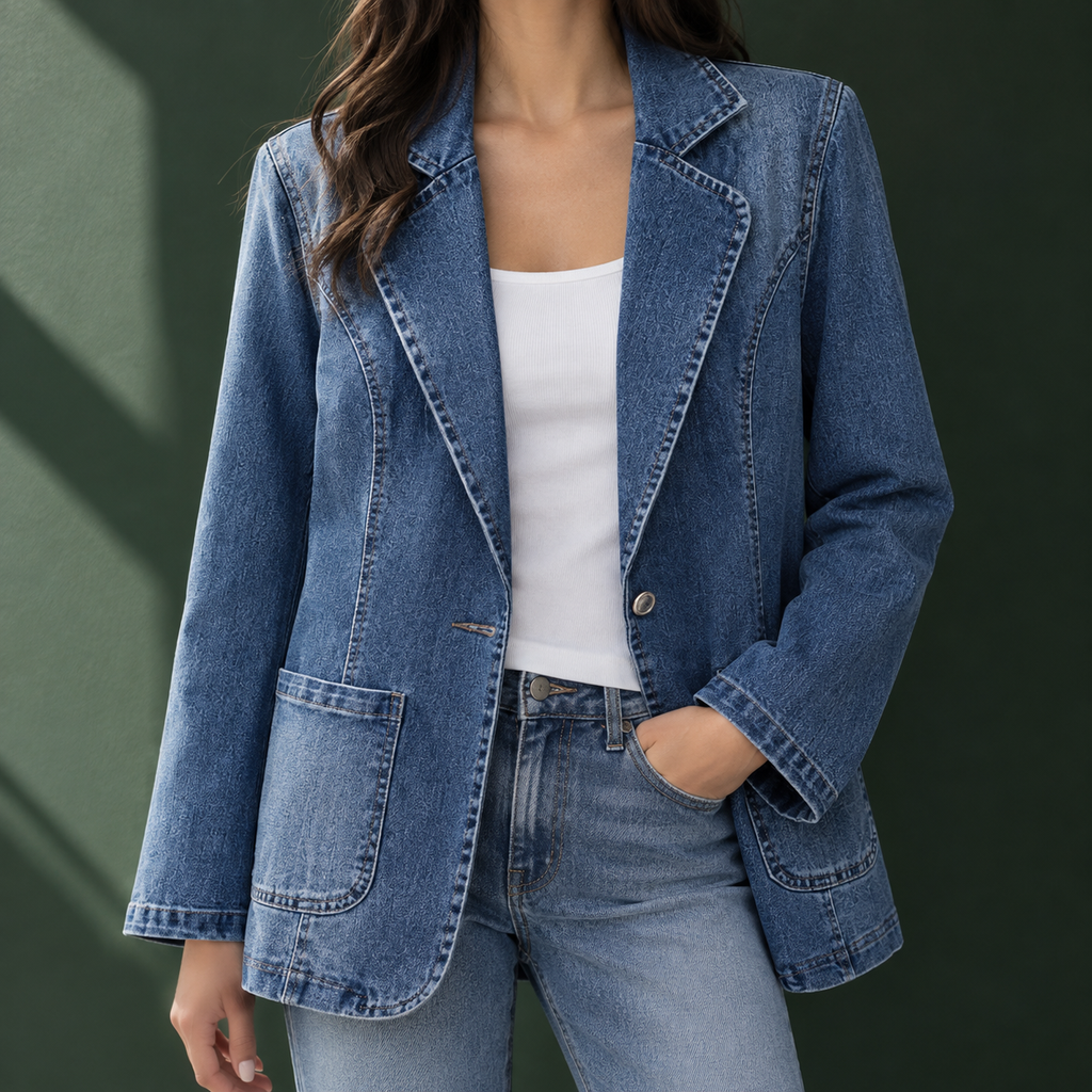 Genevieve™ | Women's Denim Blazer Jacket Notched Lapel