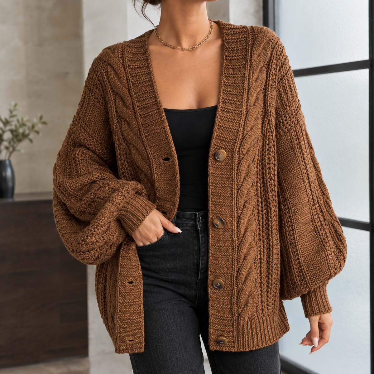 Theodora™ | Women's Cable Knit Cardigan V Neck Button Front