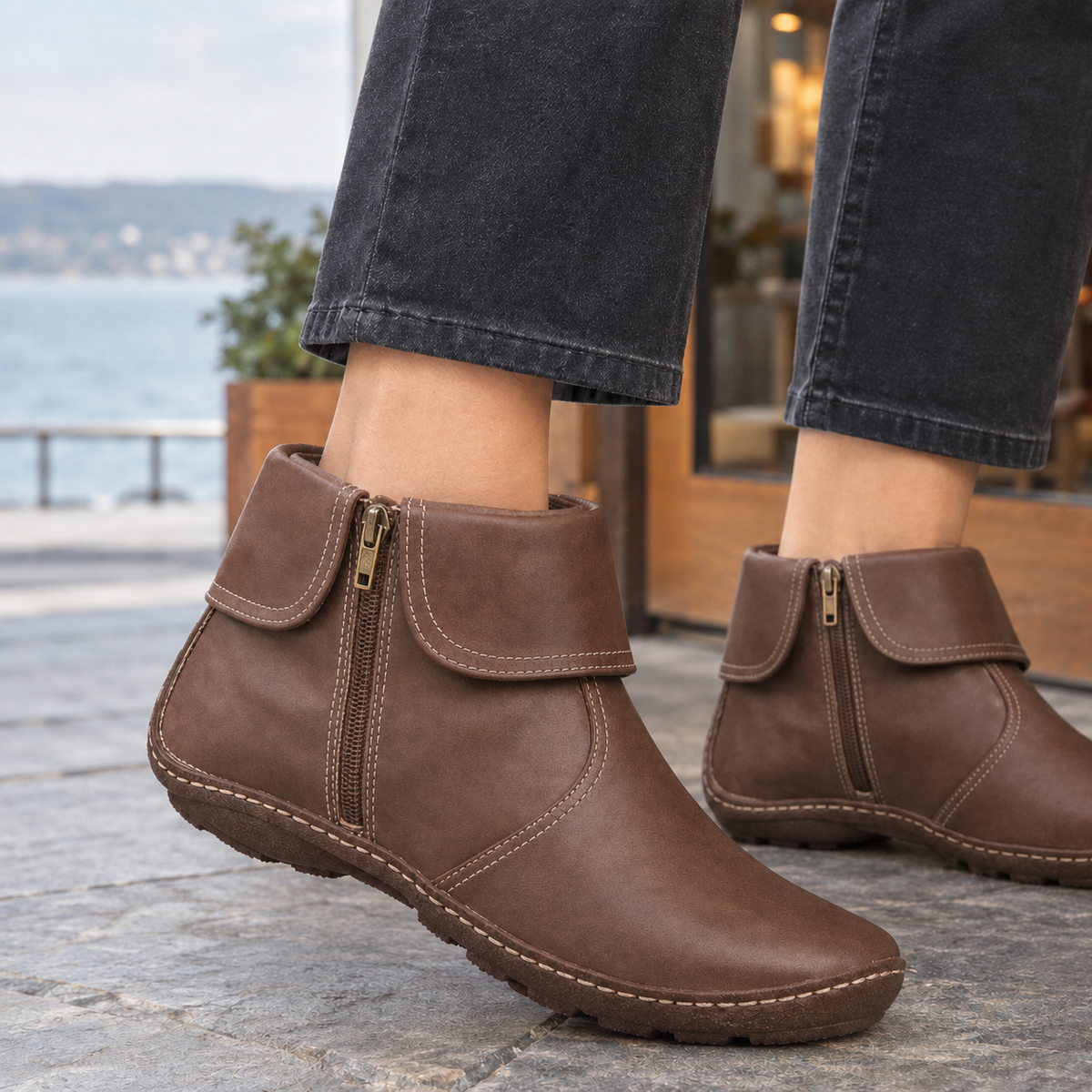 Henrietta™ | Women's Faux Leather Ankle Boots Fold Over Collar