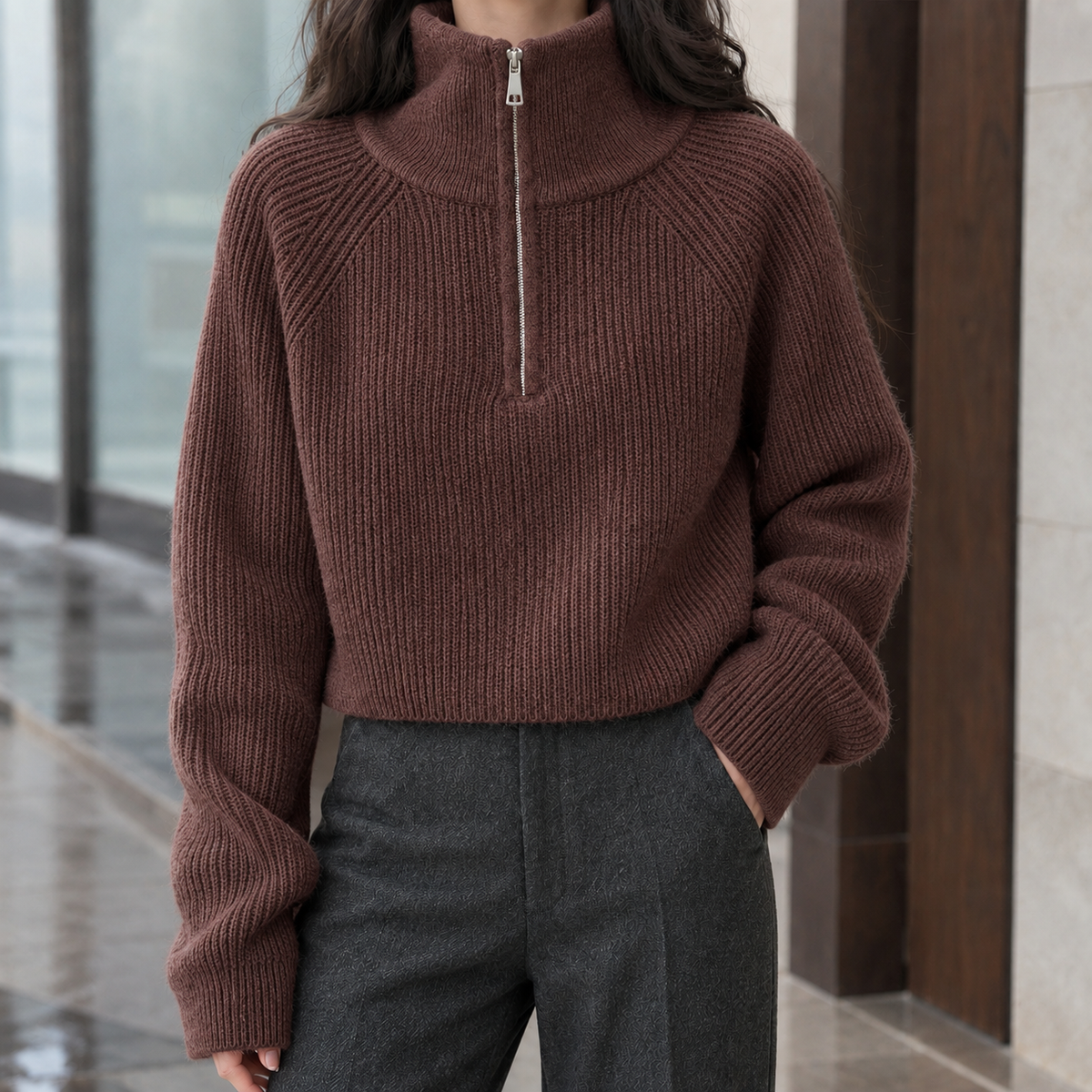 Rosamund™ | Women's Wool Half Zip Sweater Ribbed Knit
