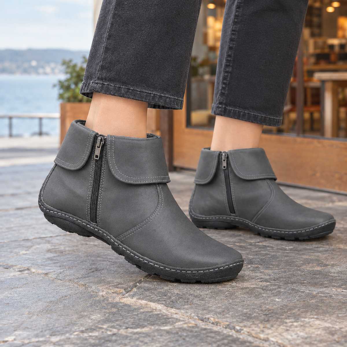 Henrietta™ | Women's Faux Leather Ankle Boots Fold Over Collar