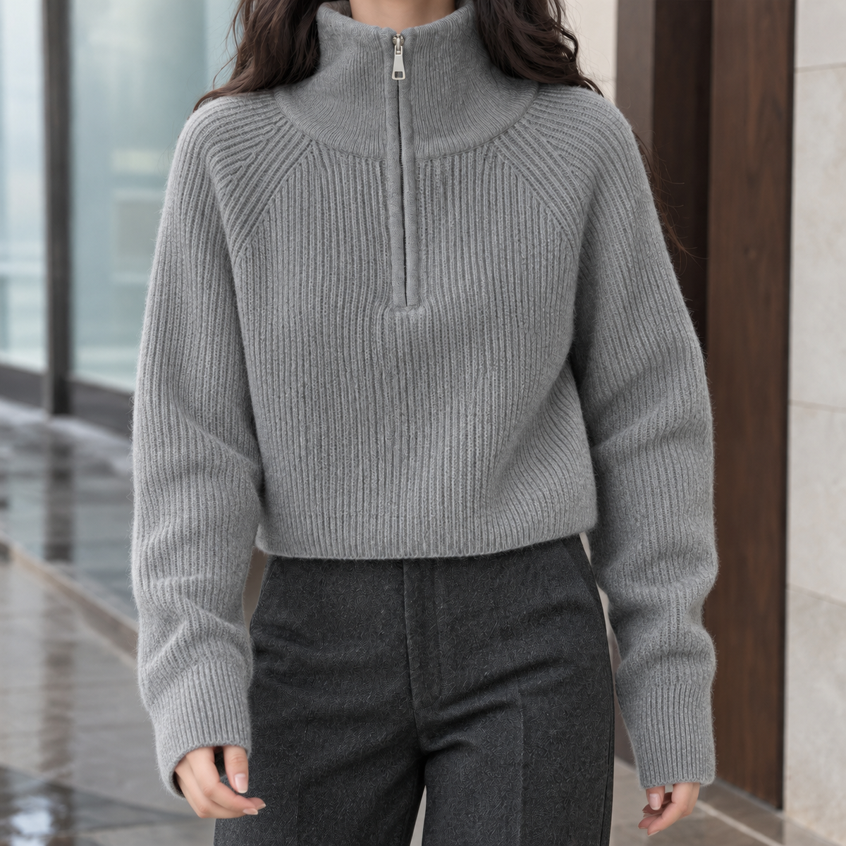Rosamund™ | Women's Wool Half Zip Sweater Ribbed Knit