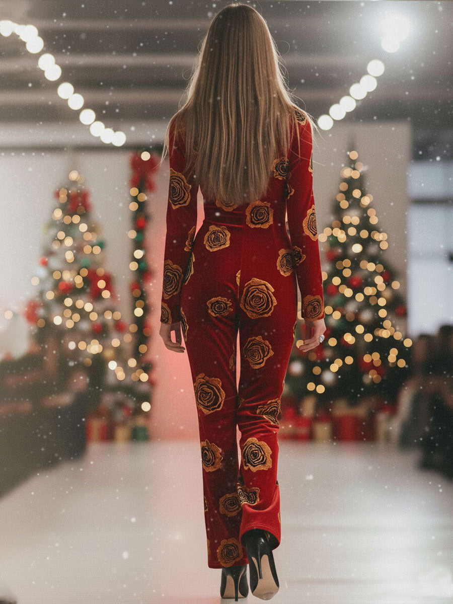Florence™ | Women's Red Velvet Jumpsuit Rose Print