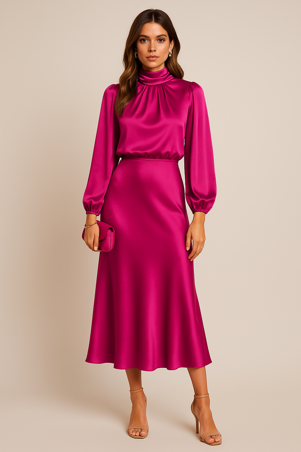 Liliane™ | Women’s Midi Dress Satin High Neck