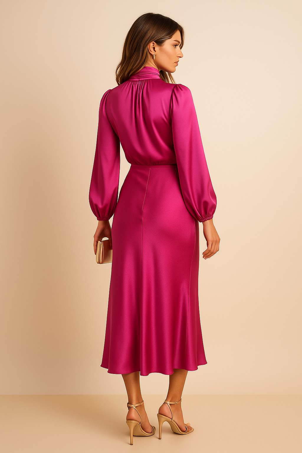 Liliane™ | Women’s Midi Dress Satin High Neck