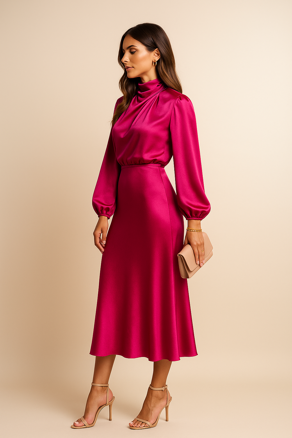 Liliane™ | Women’s Midi Dress Satin High Neck