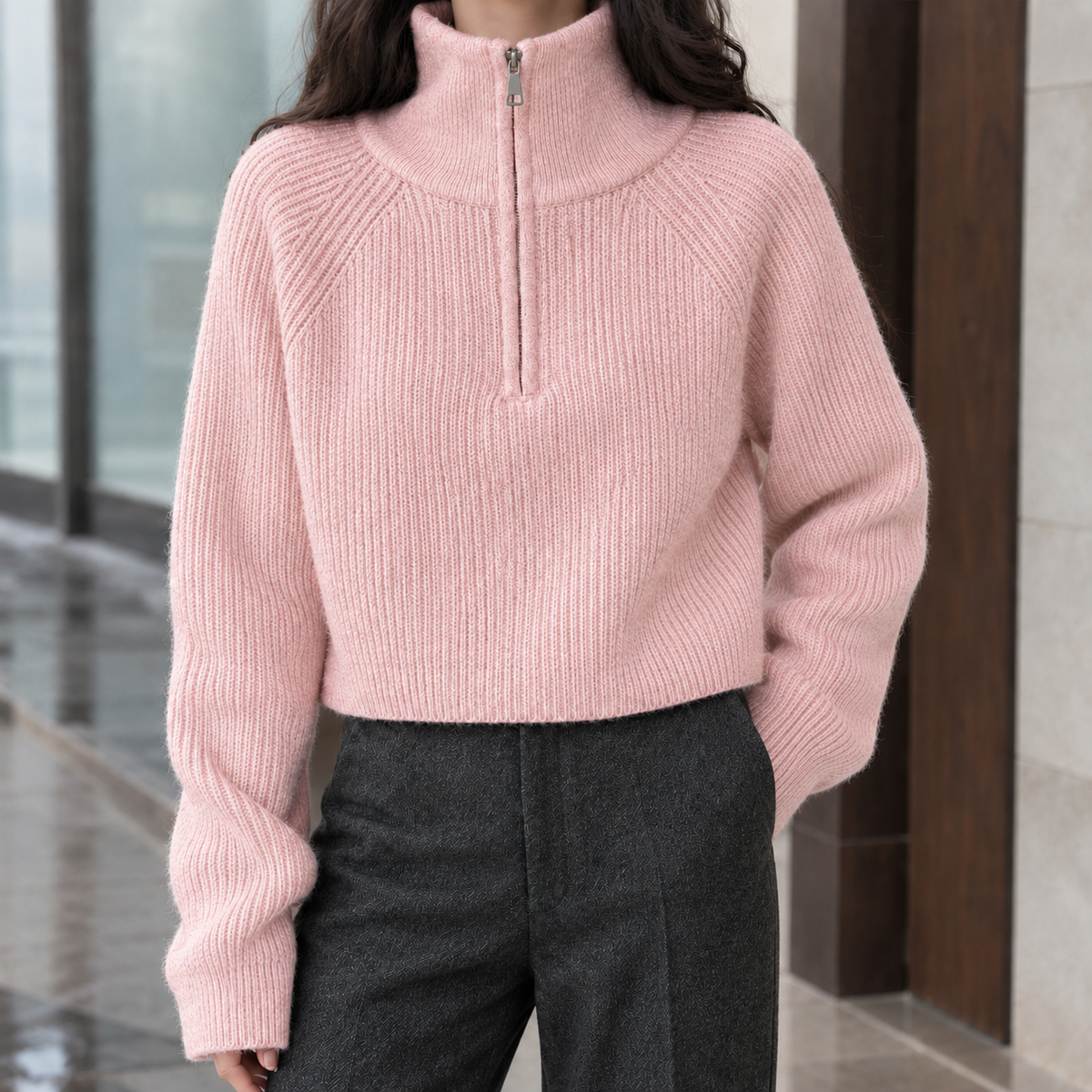 Rosamund™ | Women's Wool Half Zip Sweater Ribbed Knit