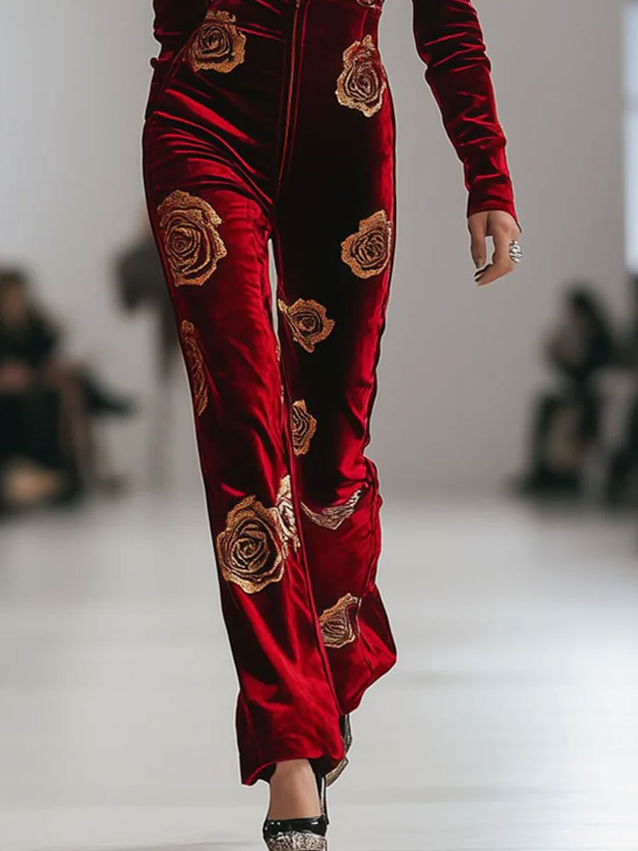 Florence™ | Women's Red Velvet Jumpsuit Rose Print