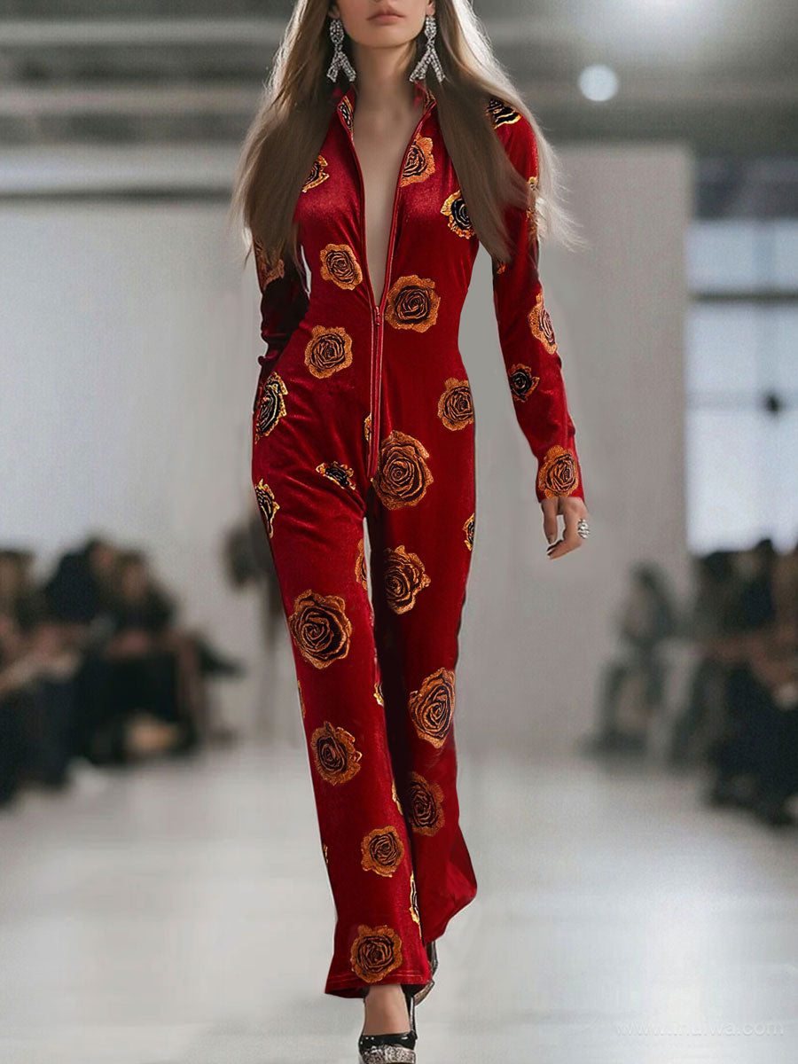 Florence™ | Women's Red Velvet Jumpsuit Rose Print