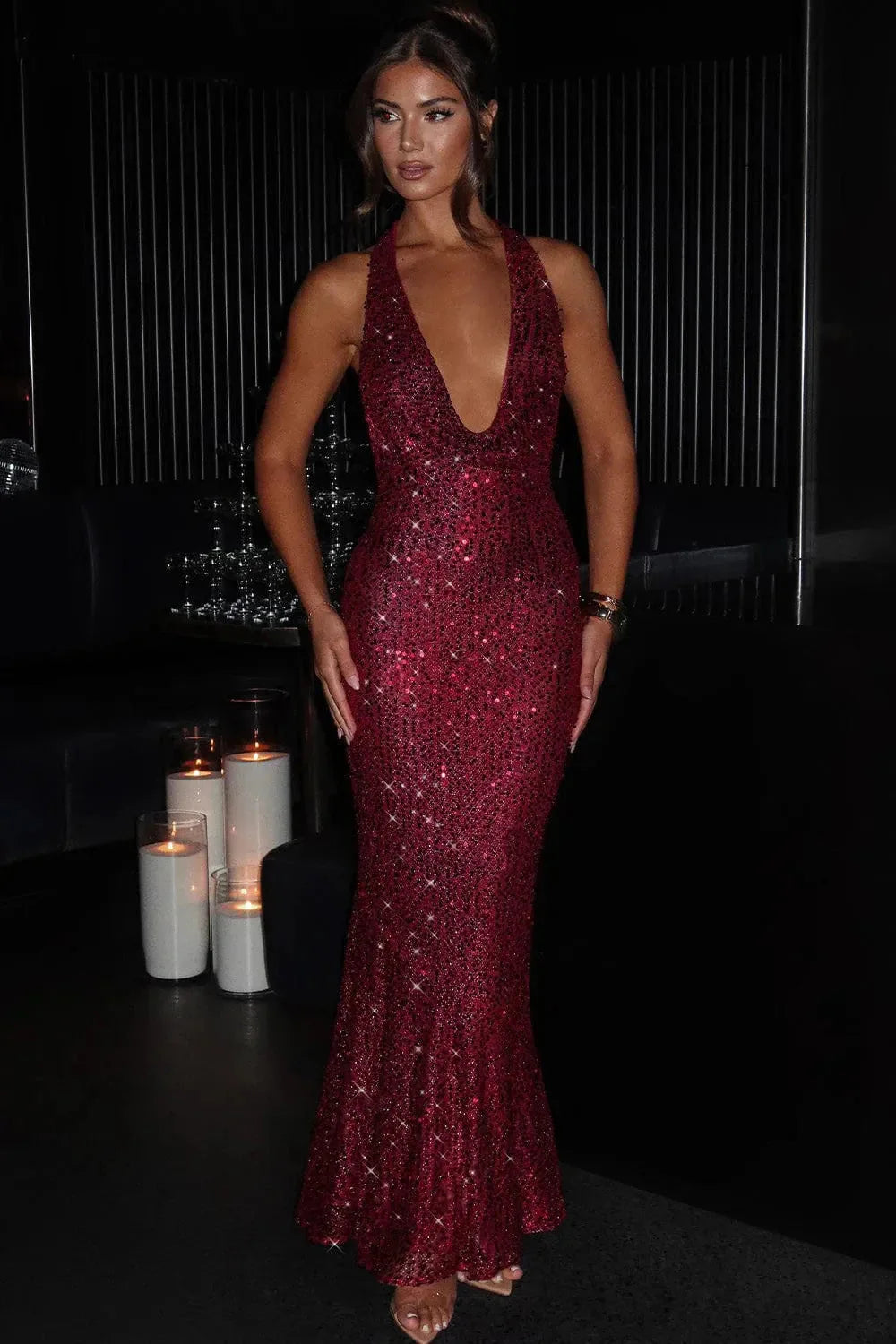 Antonetta™ | Women’s Sequin Maxi Dress Halter Neck Open Back