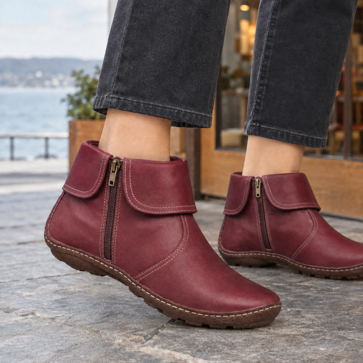 Henrietta™ | Women's Faux Leather Ankle Boots Fold Over Collar