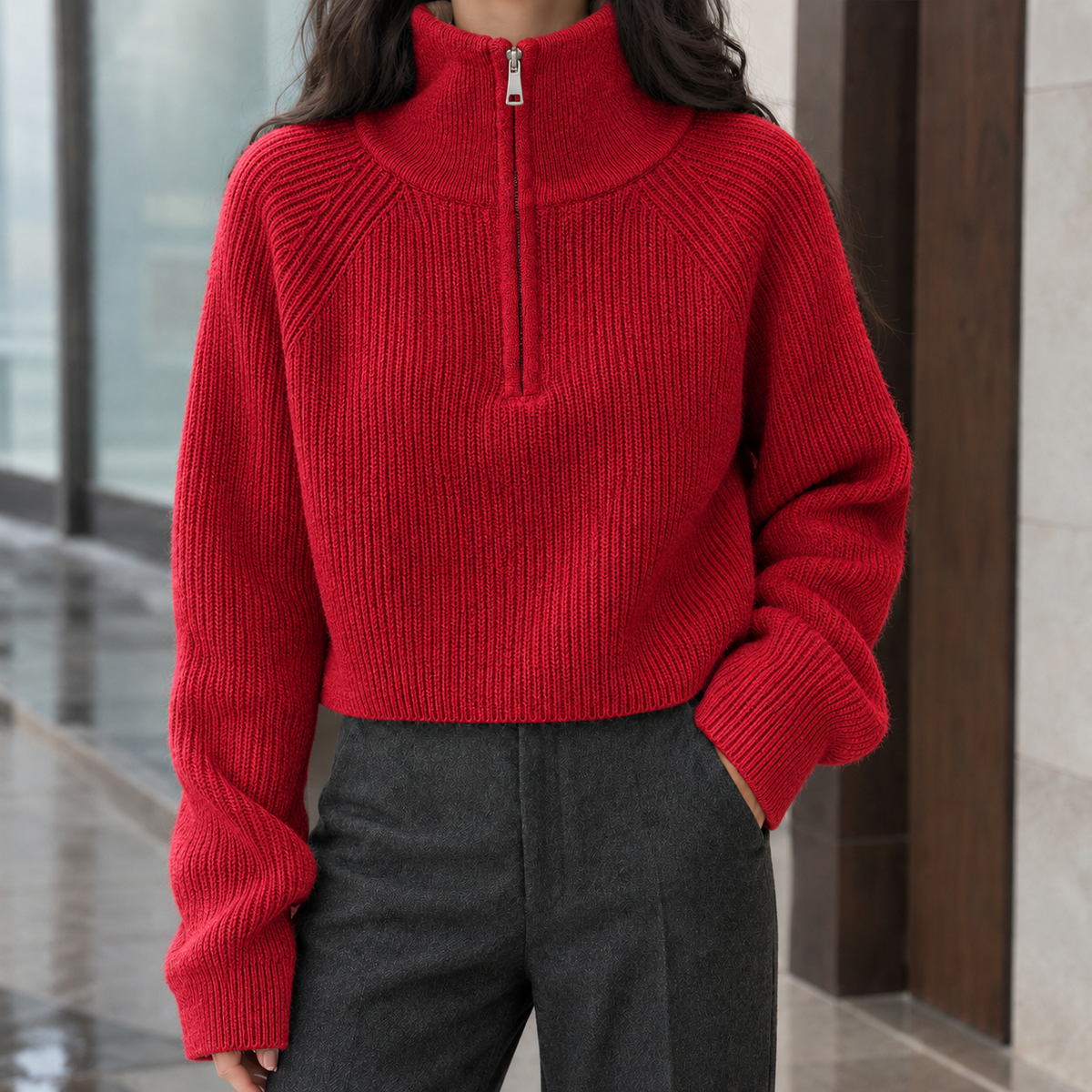 Rosamund™ | Women's Wool Half Zip Sweater Ribbed Knit