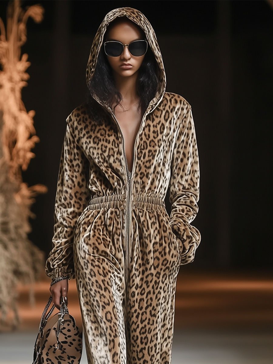 Elodie™ | Women's Velvet Hooded Jumpsuit Leopard Print