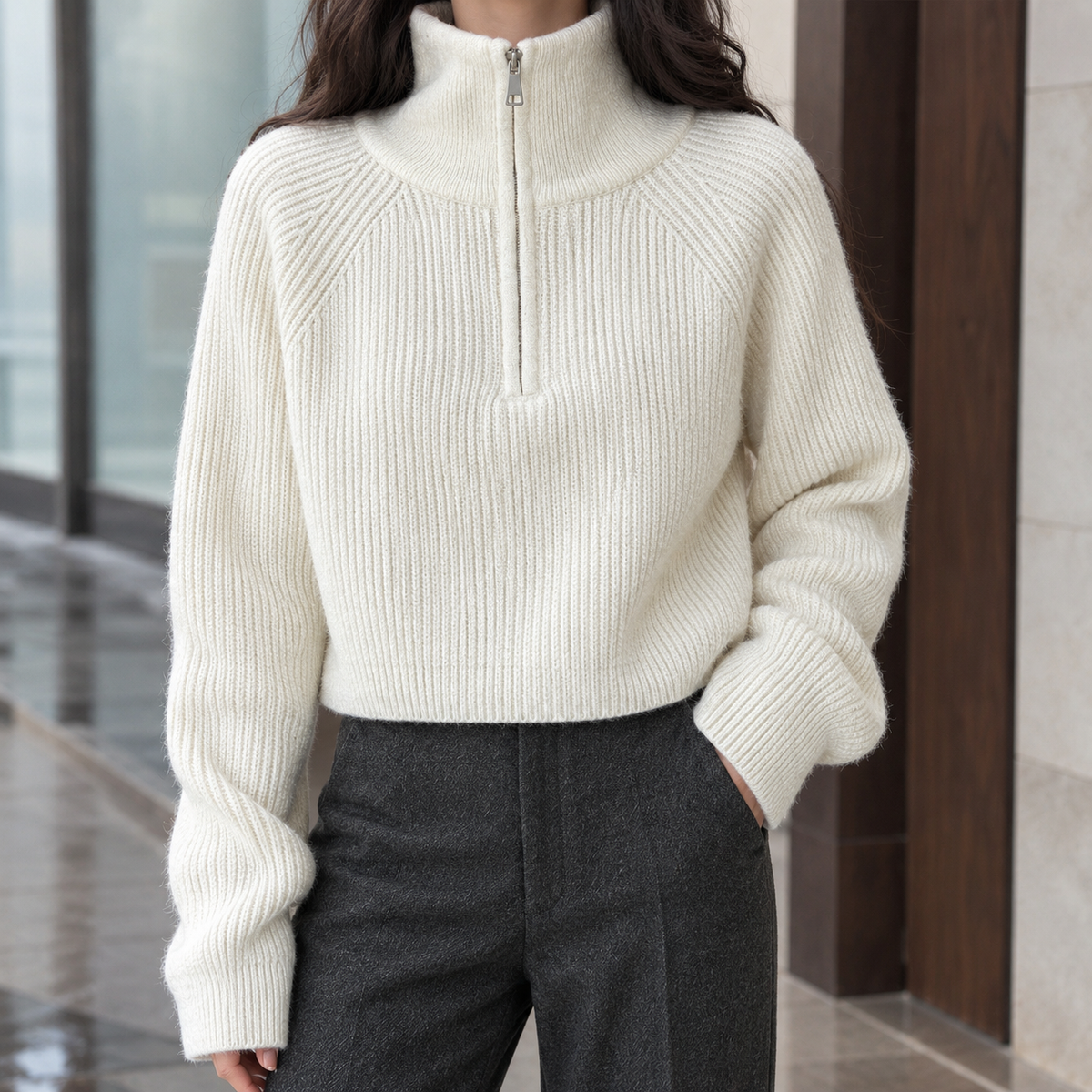 Rosamund™ | Women's Wool Half Zip Sweater Ribbed Knit