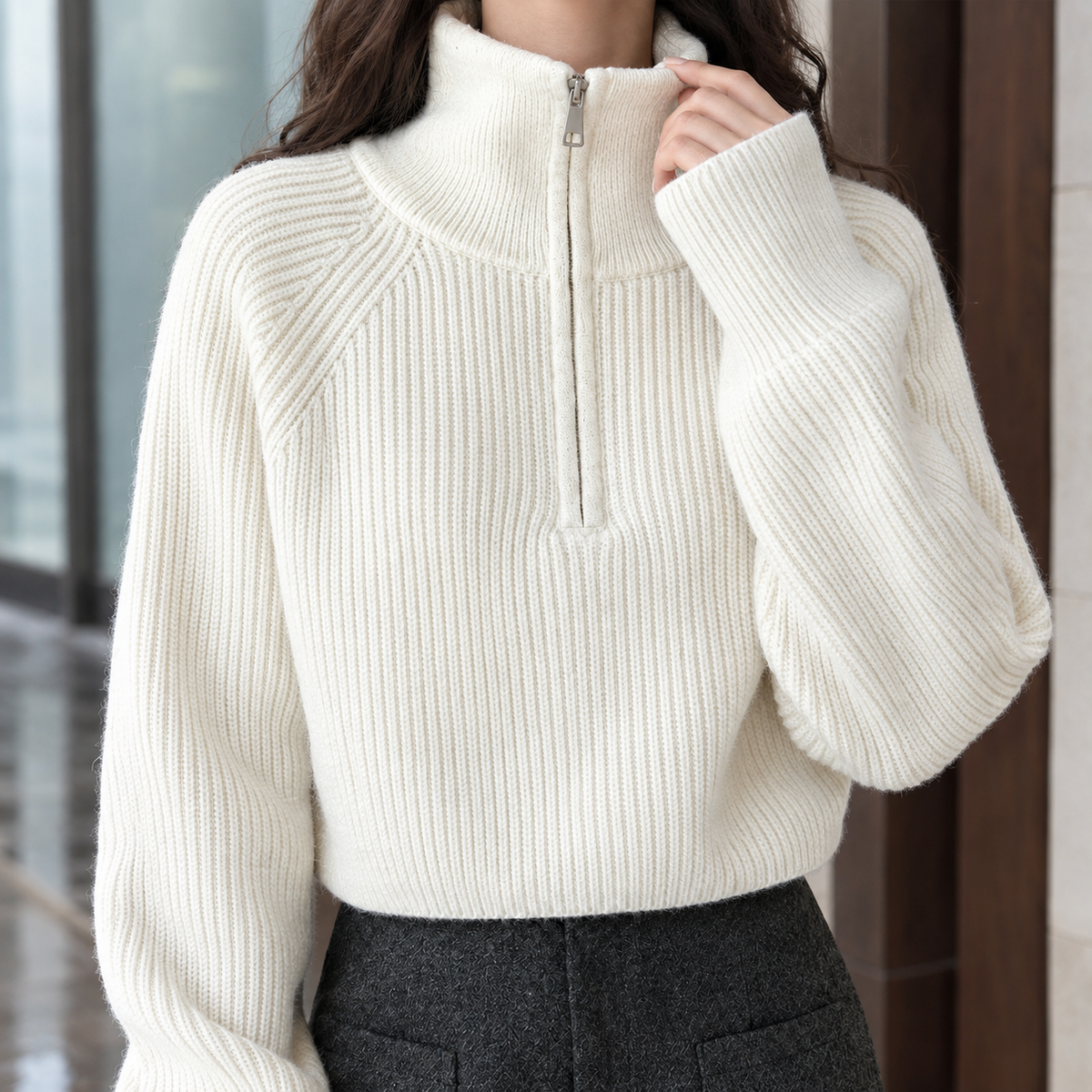 Rosamund™ | Women's Wool Half Zip Sweater Ribbed Knit