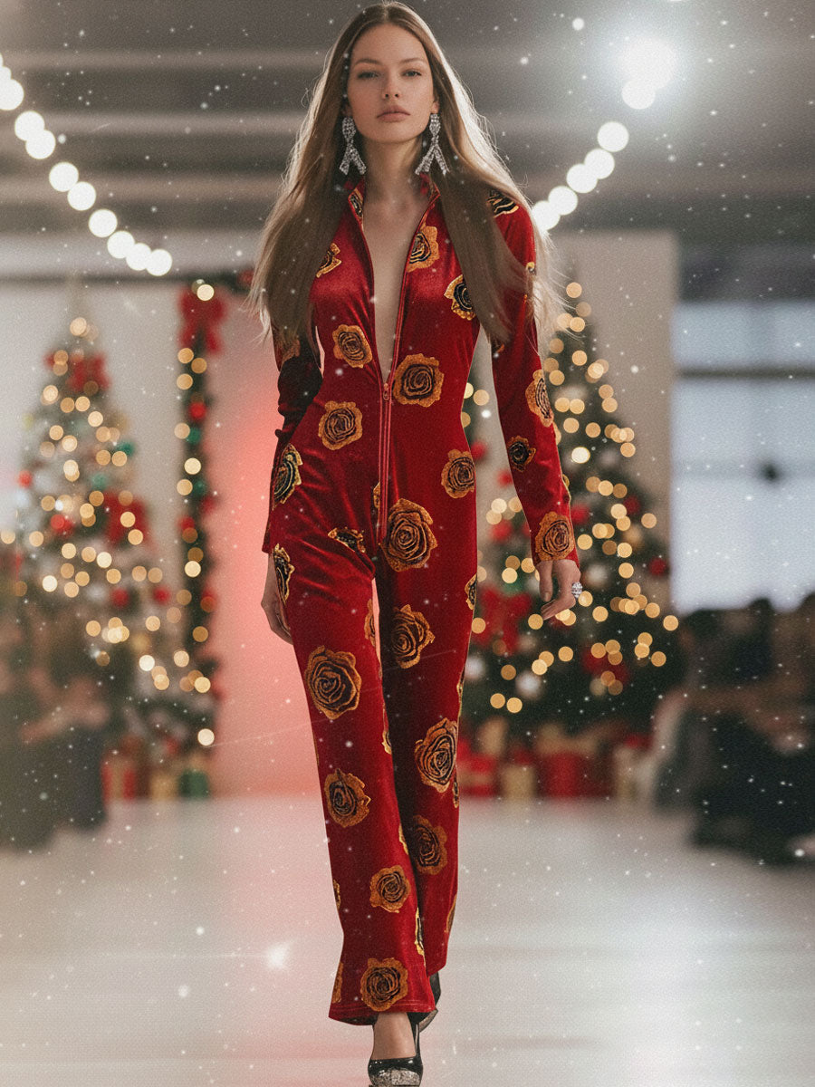 Florence™ | Women's Red Velvet Jumpsuit Rose Print
