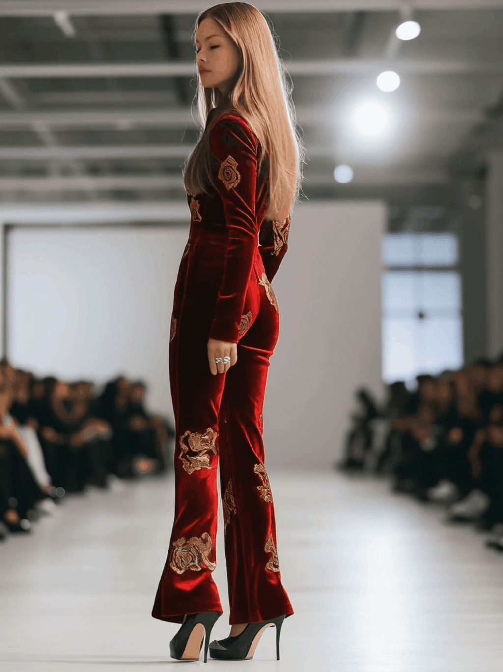 Florence™ | Women's Red Velvet Jumpsuit Rose Print
