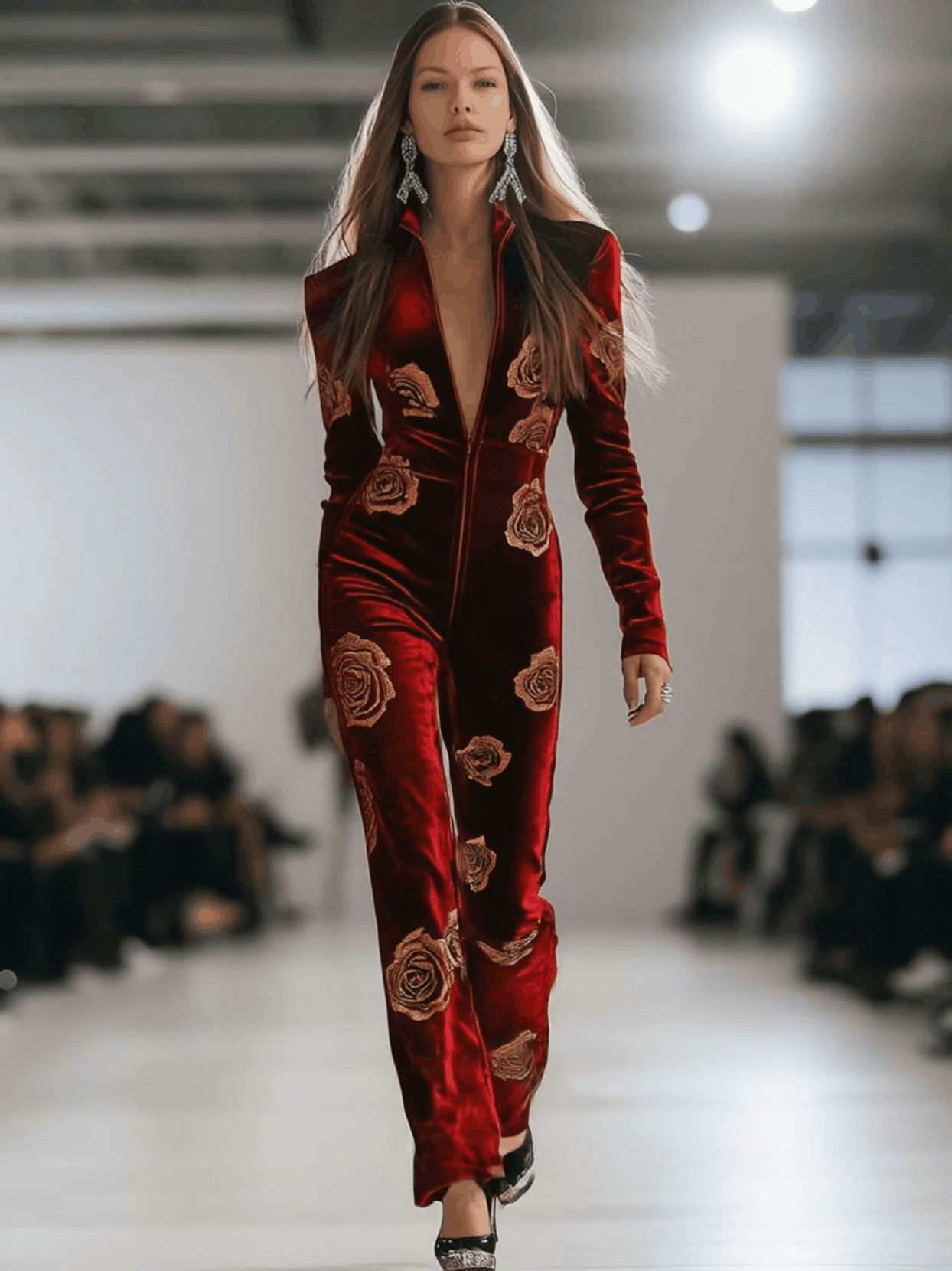 Florence™ | Women's Red Velvet Jumpsuit Rose Print