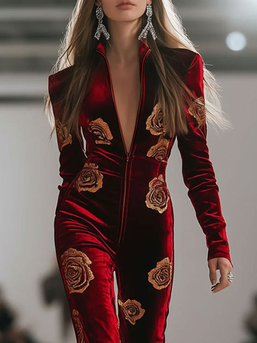 Florence™ | Women's Red Velvet Jumpsuit Rose Print