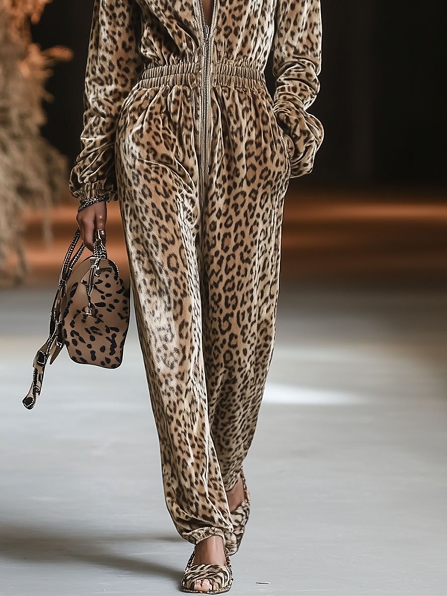 Elodie™ | Women's Velvet Hooded Jumpsuit Leopard Print