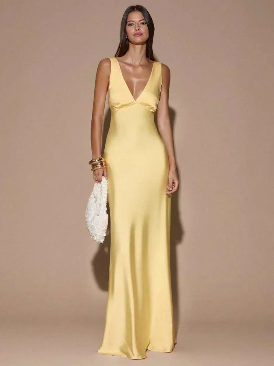 Marisabel™ | Women’s Maxi Dress Satin V Neck Sleeveless