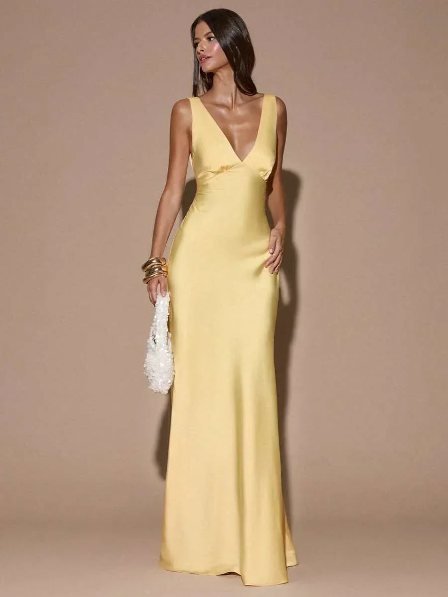 Marisabel™ | Women’s Maxi Dress Satin V Neck Sleeveless