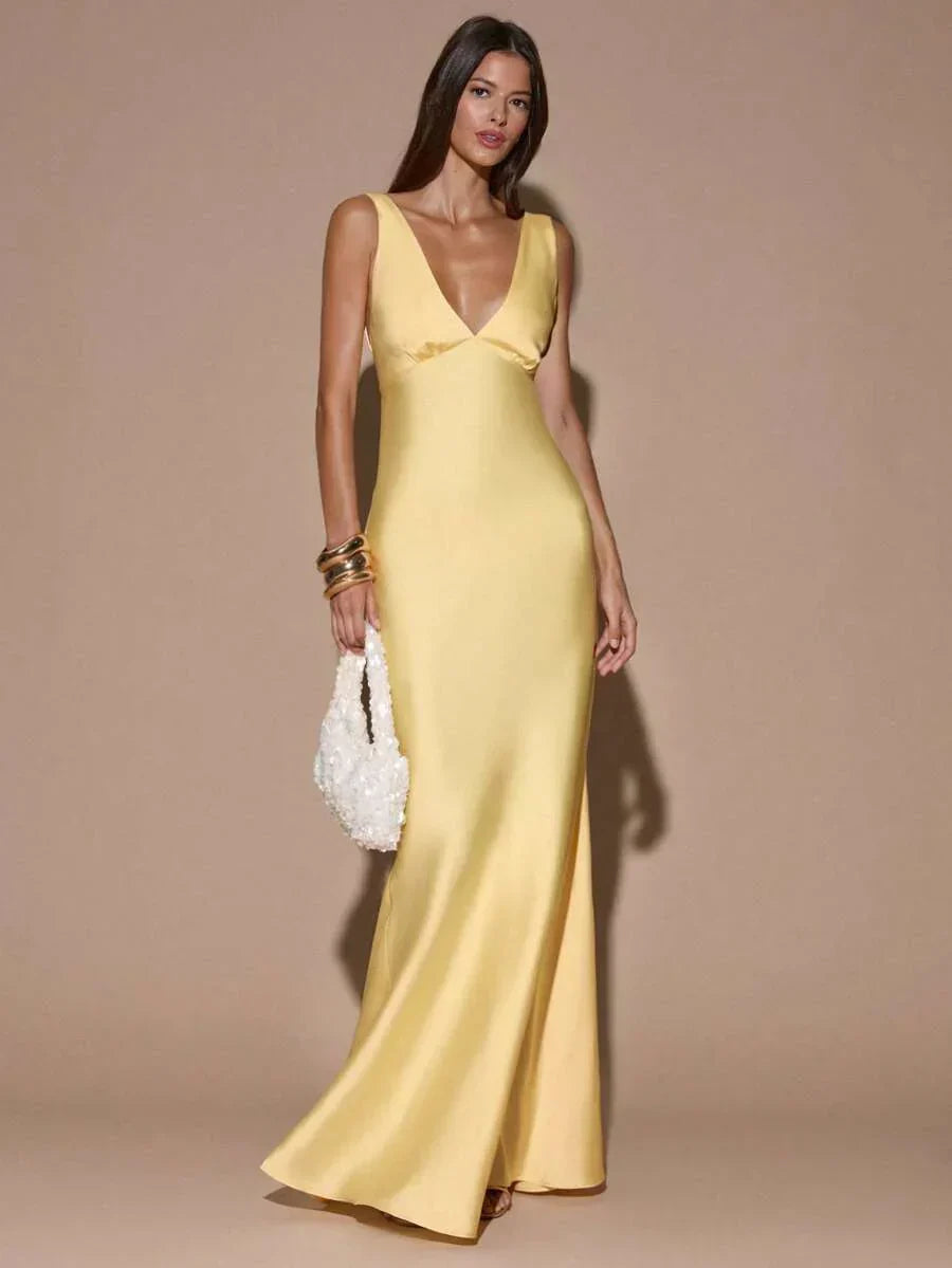 Marisabel™ | Women’s Maxi Dress Satin V Neck Sleeveless