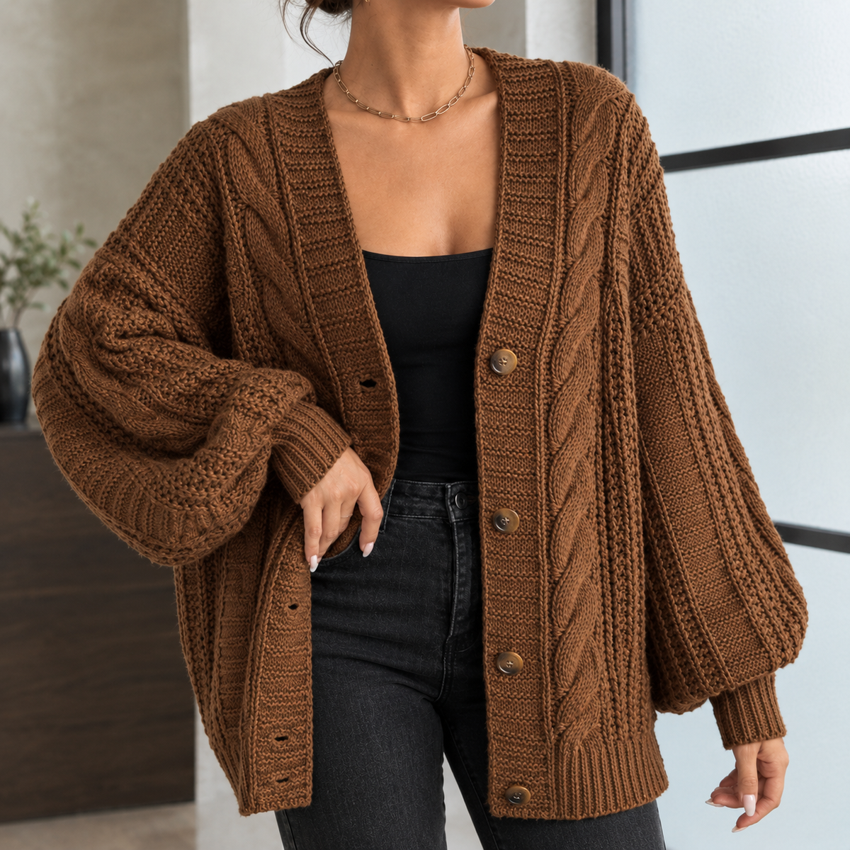 Theodora™ | Women's Cable Knit Cardigan V Neck Button Front