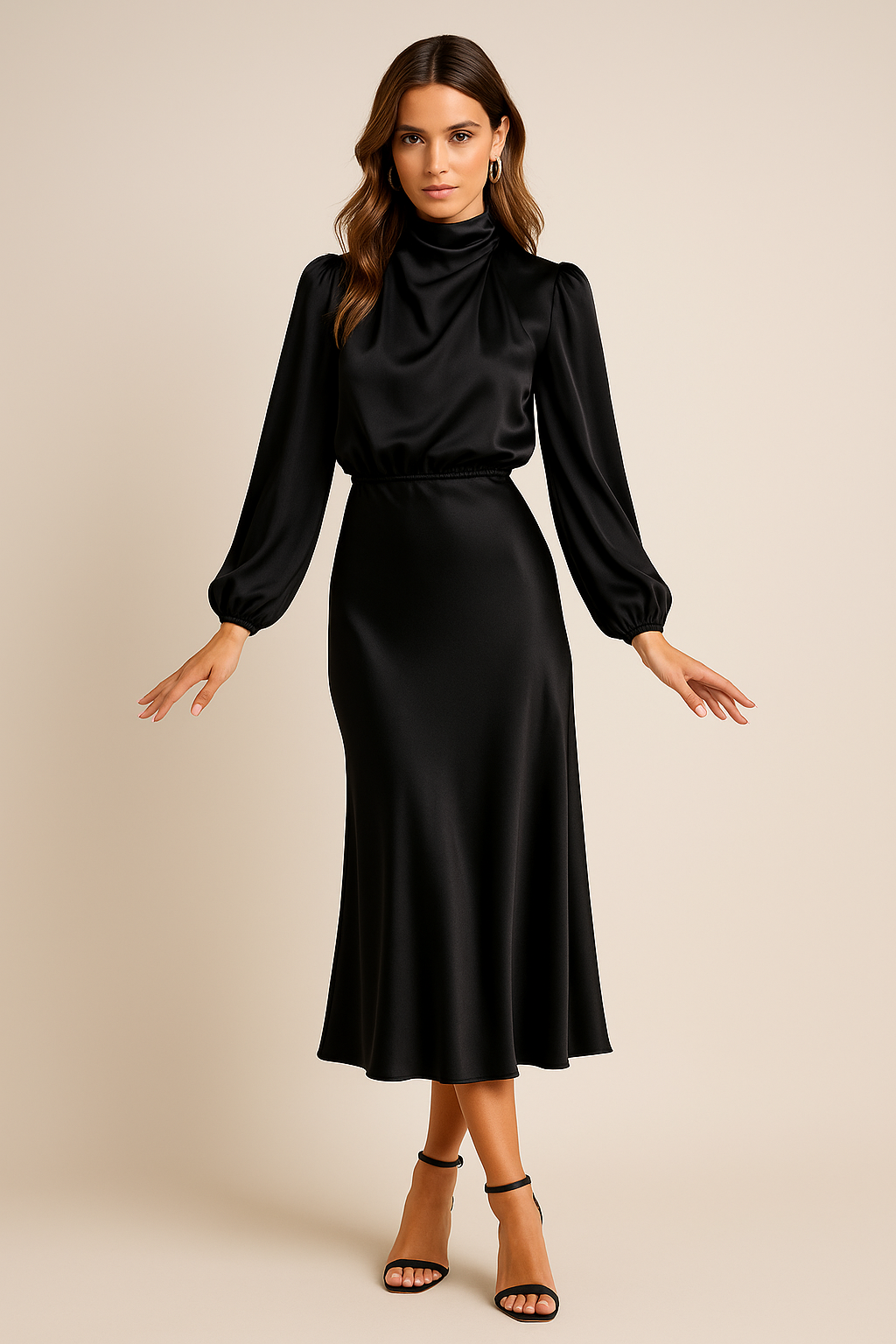 Liliane™ | Women’s Midi Dress Satin High Neck