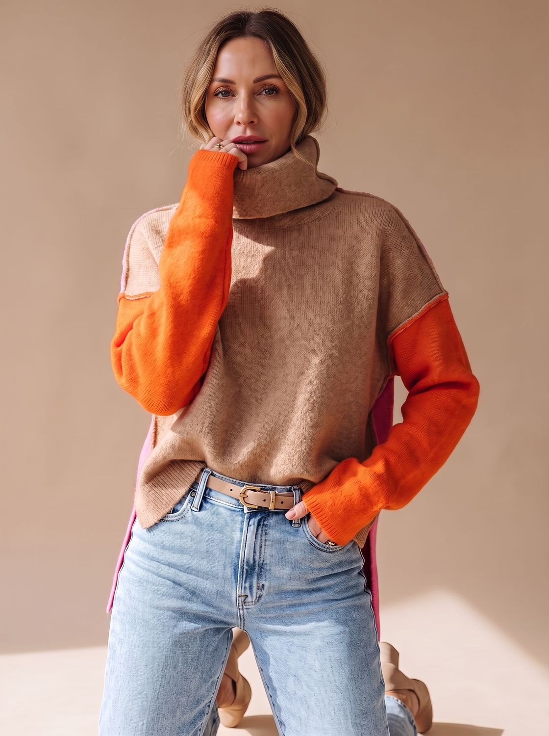 Philippa™ | Women's Turtleneck Sweater Color Block Knit