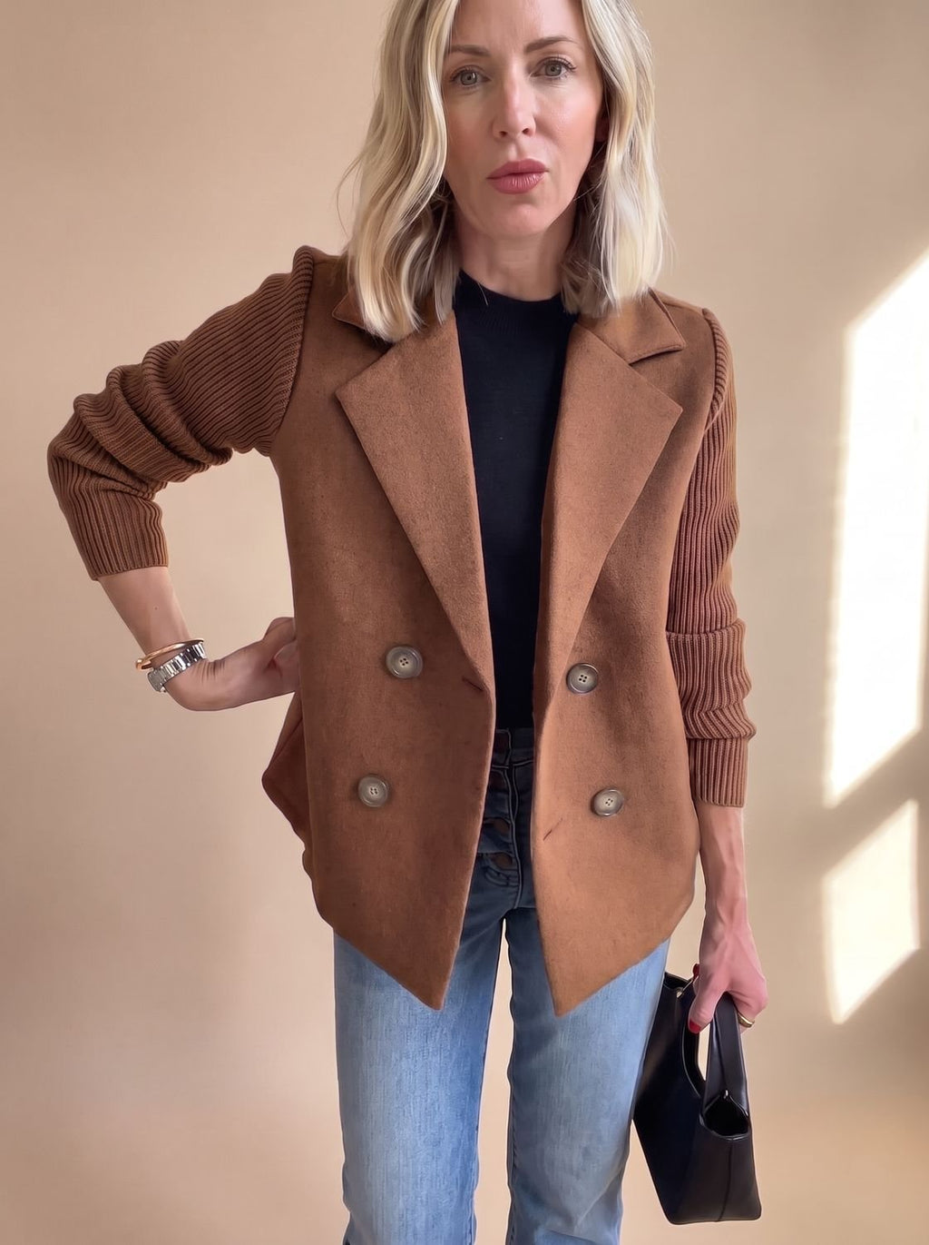 Cordelia™ | Women's Double Breasted Blazer Knit Sleeve