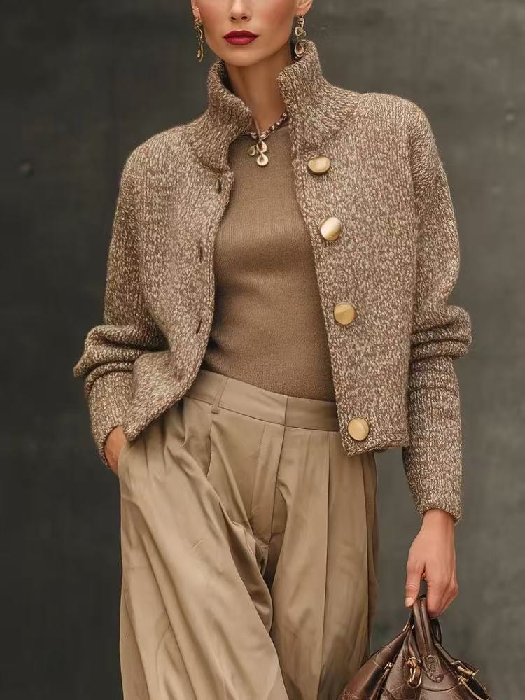 Verity™ | Women's Heathered Knit Cropped Cardigan Stand Collar