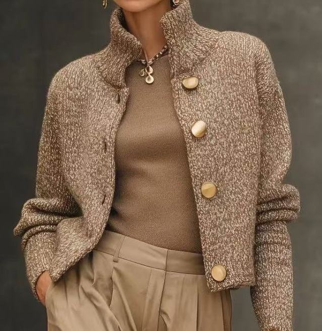 Verity™ | Women's Heathered Knit Cropped Cardigan Stand Collar